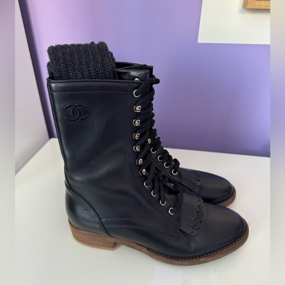 Chanel combat lace up knit sock boots size 38 - Picture 15 of 16